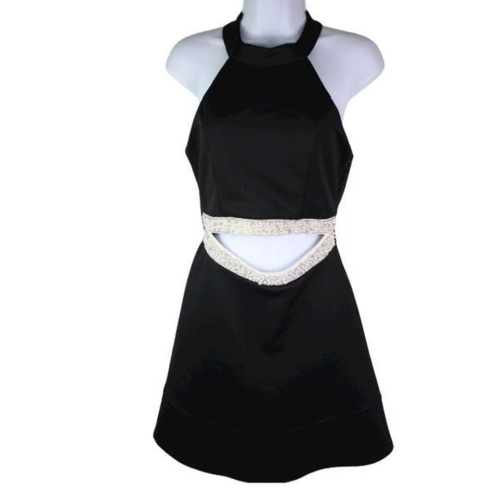 Honey & Rosie Black Fit & Flair Open Pearl Waist Halter Dress